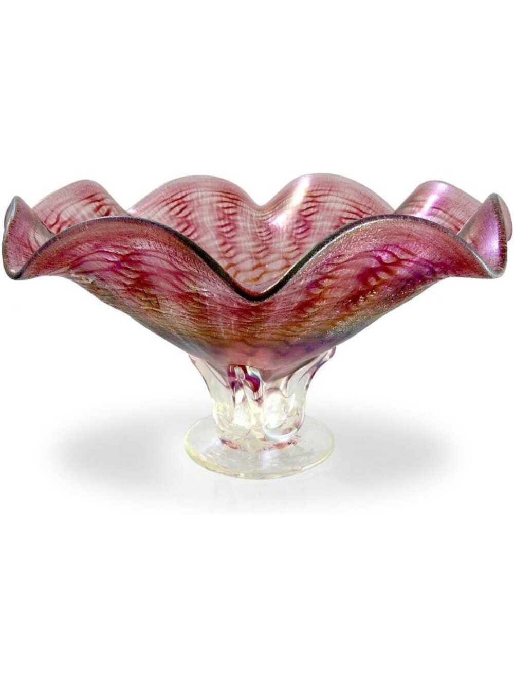 Hand-Blown Pink Blush Fluted Art Glass Pedestal Bowl - 9-Inch Decorative